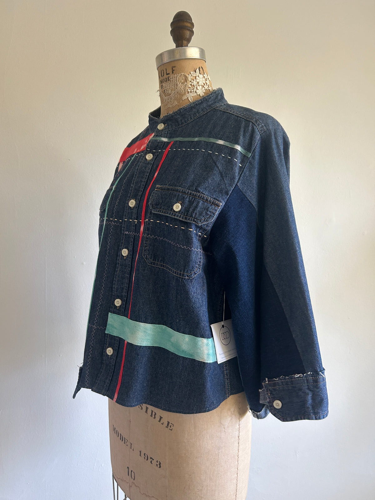Ellis Reclaimed Patchwork Denim Shirt with Handstitching & Hand Dyed Twill Ribbon L/XL #ELL2