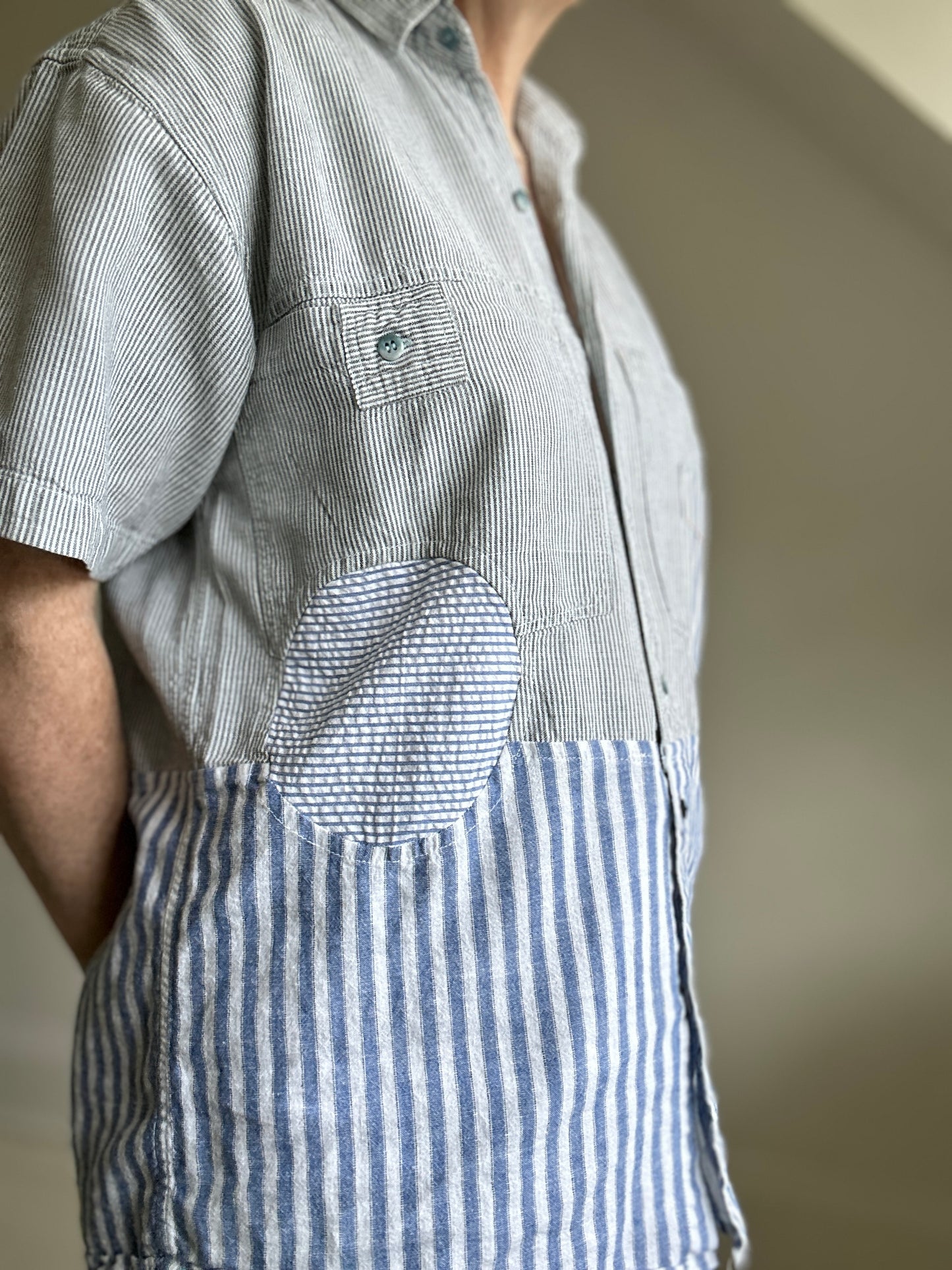 Upcycled Modern Workwear Cotton Shirt - Circle & Squares Series Size S/M #PIN14