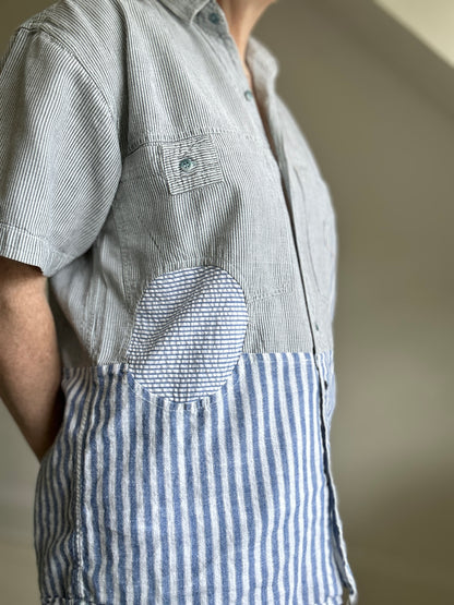 Upcycled Modern Workwear Cotton Shirt - Circle & Squares Series Size S/M #PIN14