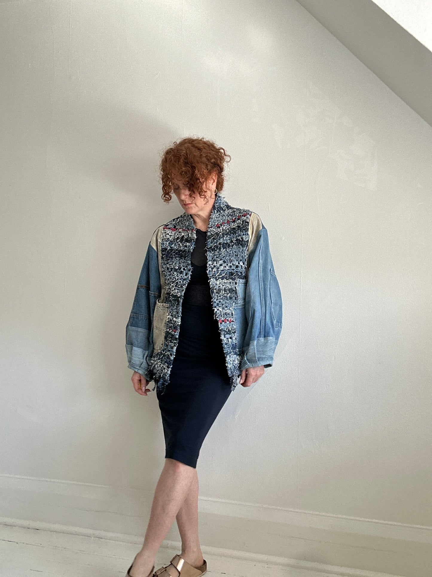 Vivianne Cropped Upcycled Woven Denim Jacket Size XL/2X #CVCDX2X101
