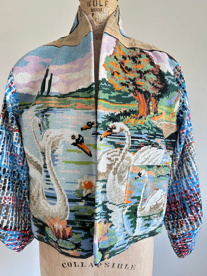 Vivianne Cropped Jacket with Vintage Needlepoint Swans Size M/L #VIVT21