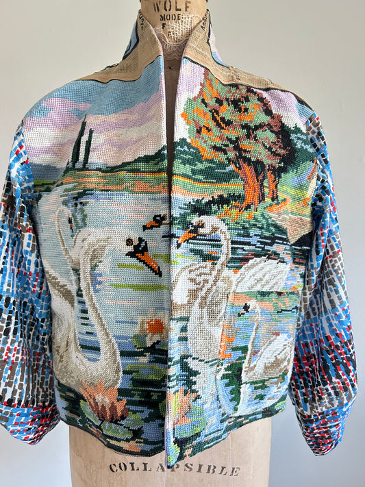Vivianne Cropped Jacket with Vintage Needlepoint Swans Size M/L #VIVT21