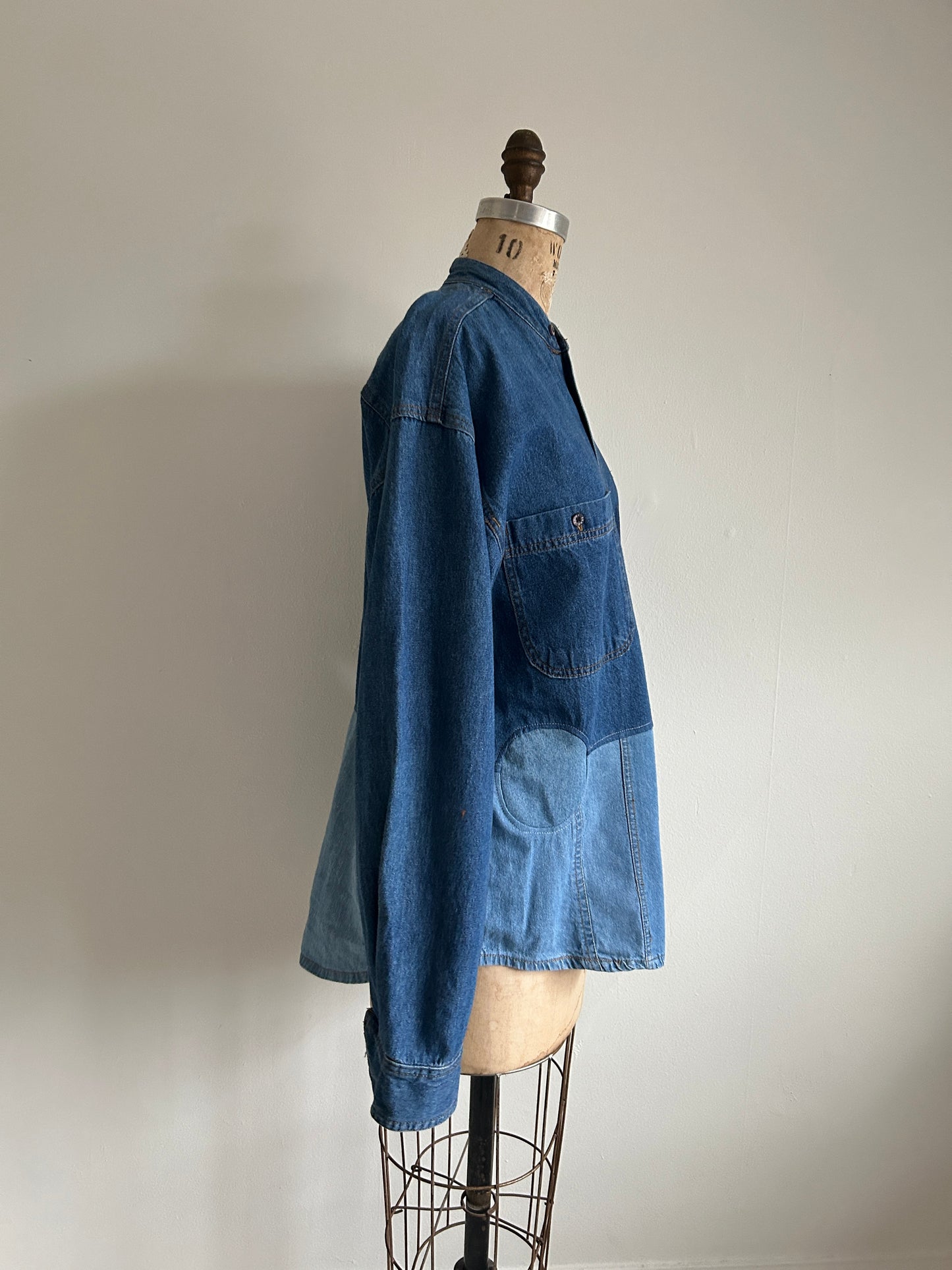 Upcycled Modern Workwear Wrangler Denim Shirt - Circle Series Size L/XL #DBML7