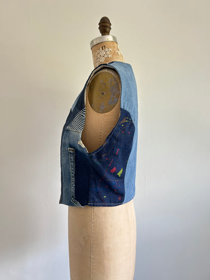 Leni Reclaimed Patchwork Denim Vest with Cotton Lining M/L #LENI6