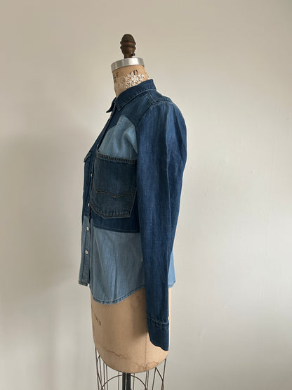 Upcycled Modern Workwear Denim Shirt - Circle Series Size XS/S #DBXSS4
