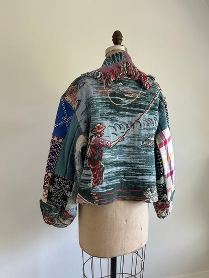Vivianne Cropped Jacket with Upcycled Fishing Themed Throw Blanket Size M/L #VIVT10