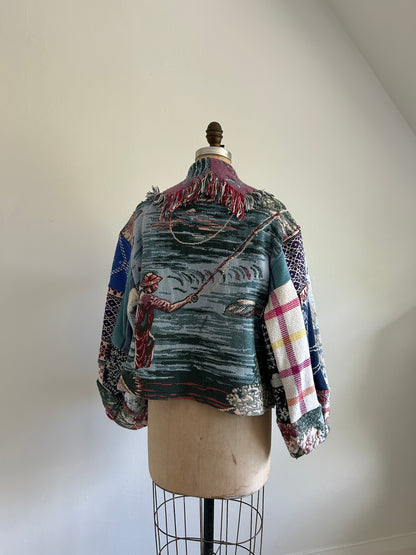 Vivianne Cropped Jacket with Upcycled Fishing Themed Throw Blanket Size M/L #VIVT10