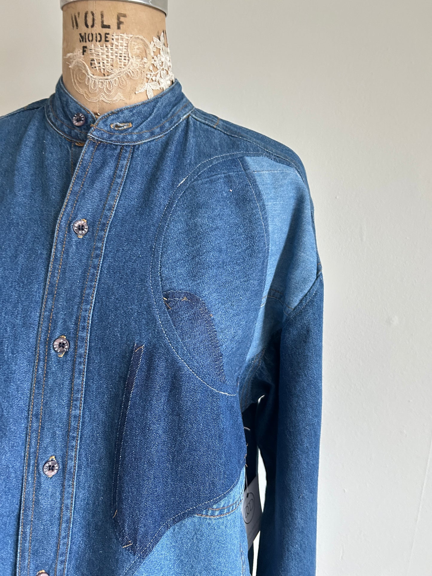 Upcycled Modern Workwear Wrangler Denim Shirt - Circle Series Size L/XL #DBML7