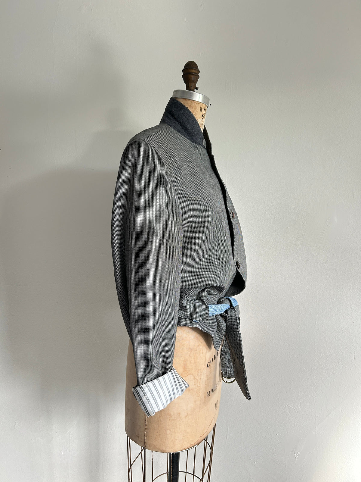Cropped Upcycled Club Monaco Wool Blazer with Denim Belt Size M/L #BLAZML2