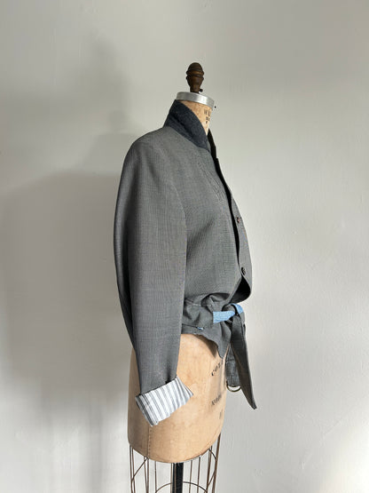 Cropped Upcycled Club Monaco Wool Blazer with Denim Belt Size M/L #BLAZML2