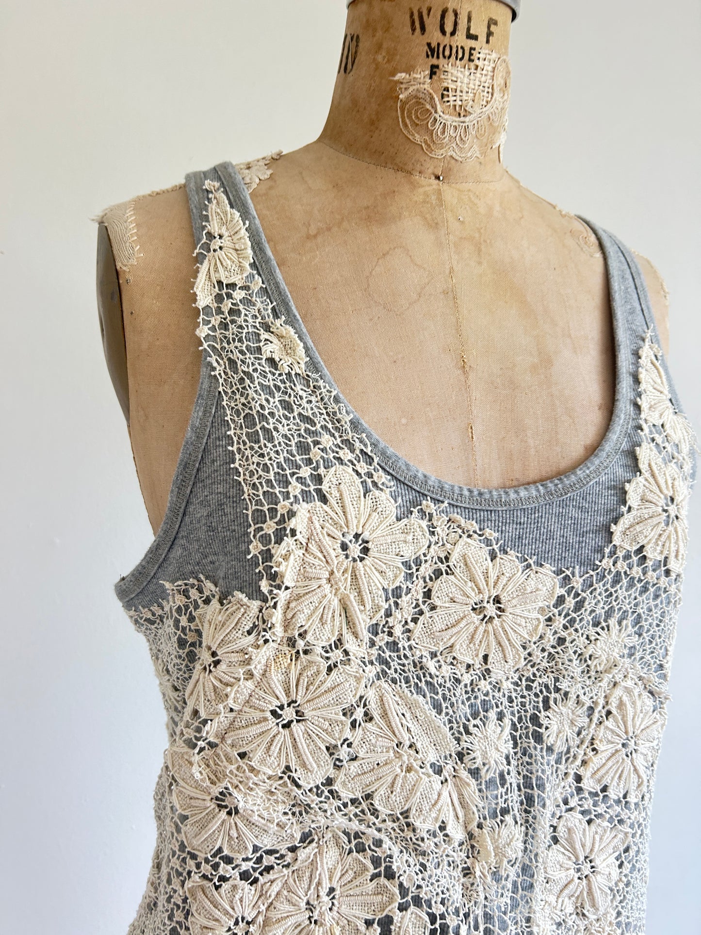 Upcycled Vintage Lace Tank with built in sports bra L/XL #TANK1