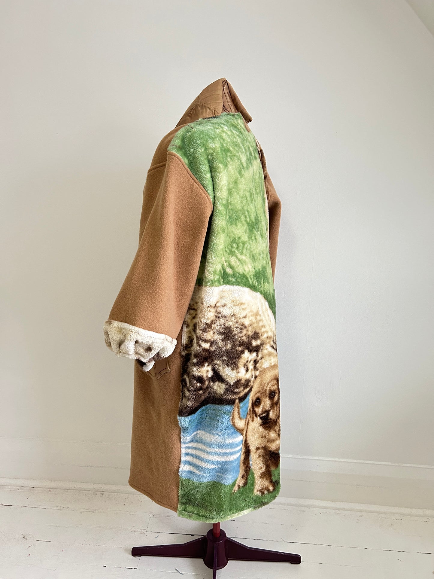 Vivianne Duster with Upcycled Fleece & Vintage Wool Blanket Puppy Theme Size XL/2X #CVDW23X30