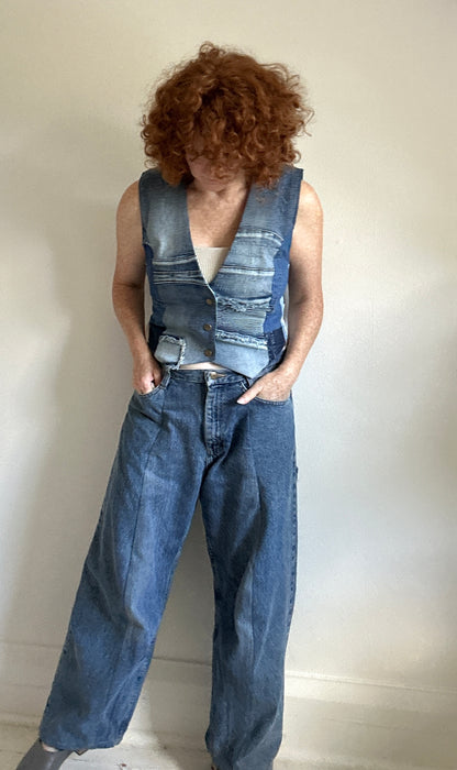 Leni Reclaimed Patchwork Denim Vest with Cotton Lining S/M #LENI4