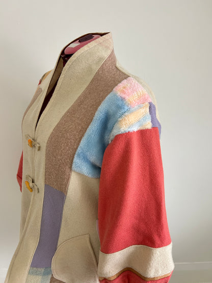 Vivianne Jacket with Upcycled Vintage Wool Patchworked Blanket & Leather & Wooden Toggles Size XL/2X #CVJWX2X31