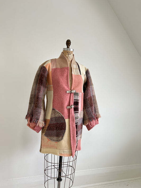 Vivianne Jacket with Upcycled Vintage Wool Patchworked Blanket & Leather & Wooden Toggles Size S/M #CVJWSM41