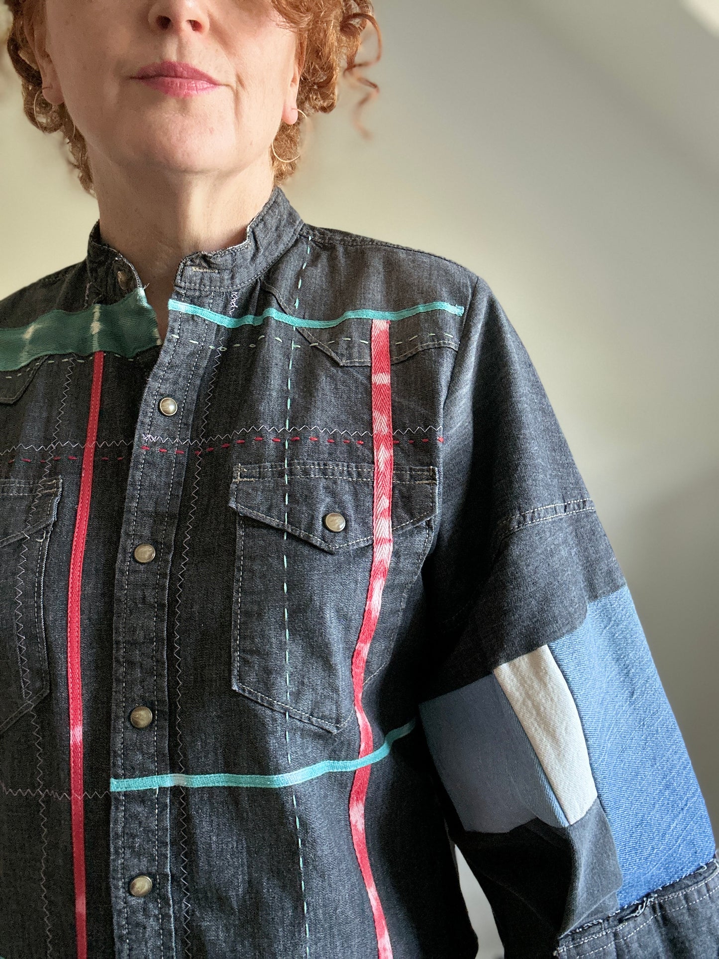 Ellis Reclaimed Patchwork Wrangler Denim Shirt with Handstitching & Hand Dyed Twill Ribbon M/L #ELL9