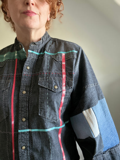 Ellis Reclaimed Patchwork Wrangler Denim Shirt with Handstitching & Hand Dyed Twill Ribbon M/L #ELL9