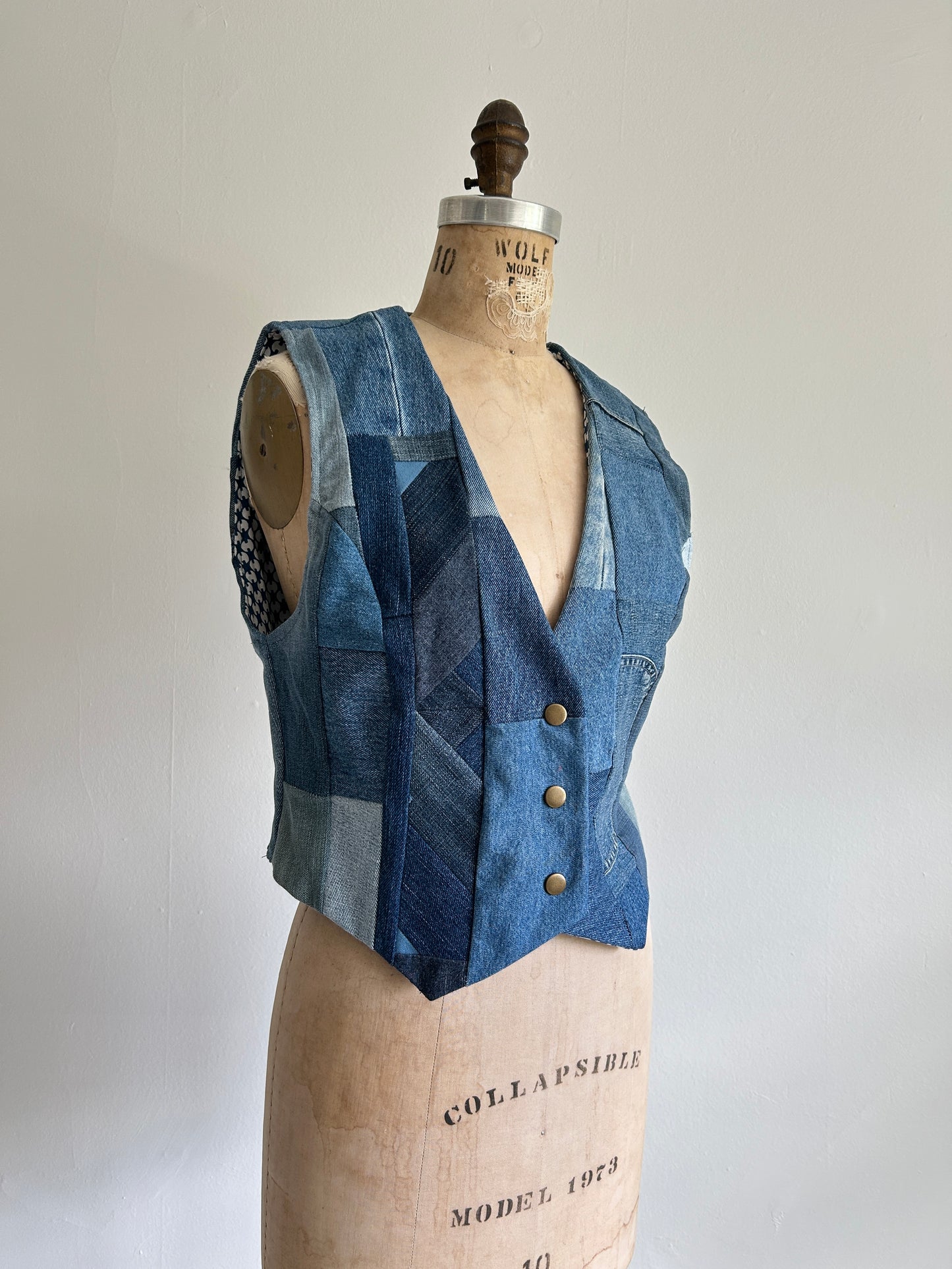 Leni Reclaimed Patchwork Denim Vest with Cotton Lining S/M #LENI3