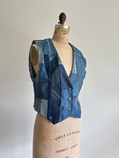 Leni Reclaimed Patchwork Denim Vest with Cotton Lining S/M #LENI3