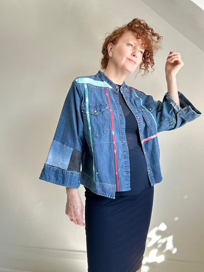 Ellis Reclaimed Patchwork Wrangler Denim Shirt with Handstitching & Hand Dyed Twill Ribbon XL/2X #ELL1