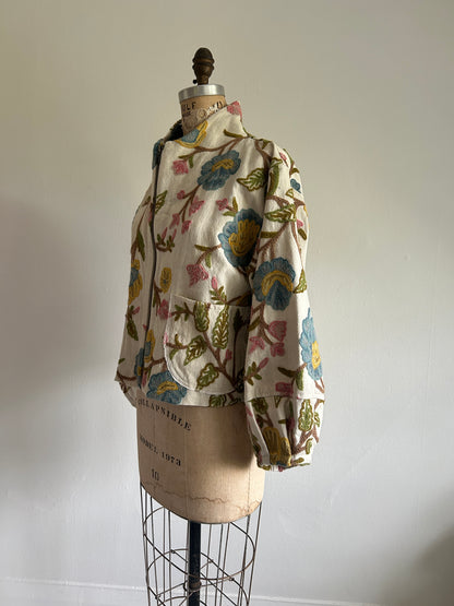 Billie Zip Up Cropped Jacket with Upcycled Vintage Crewel Wool Draperies Size M/L #BILLMLCR11