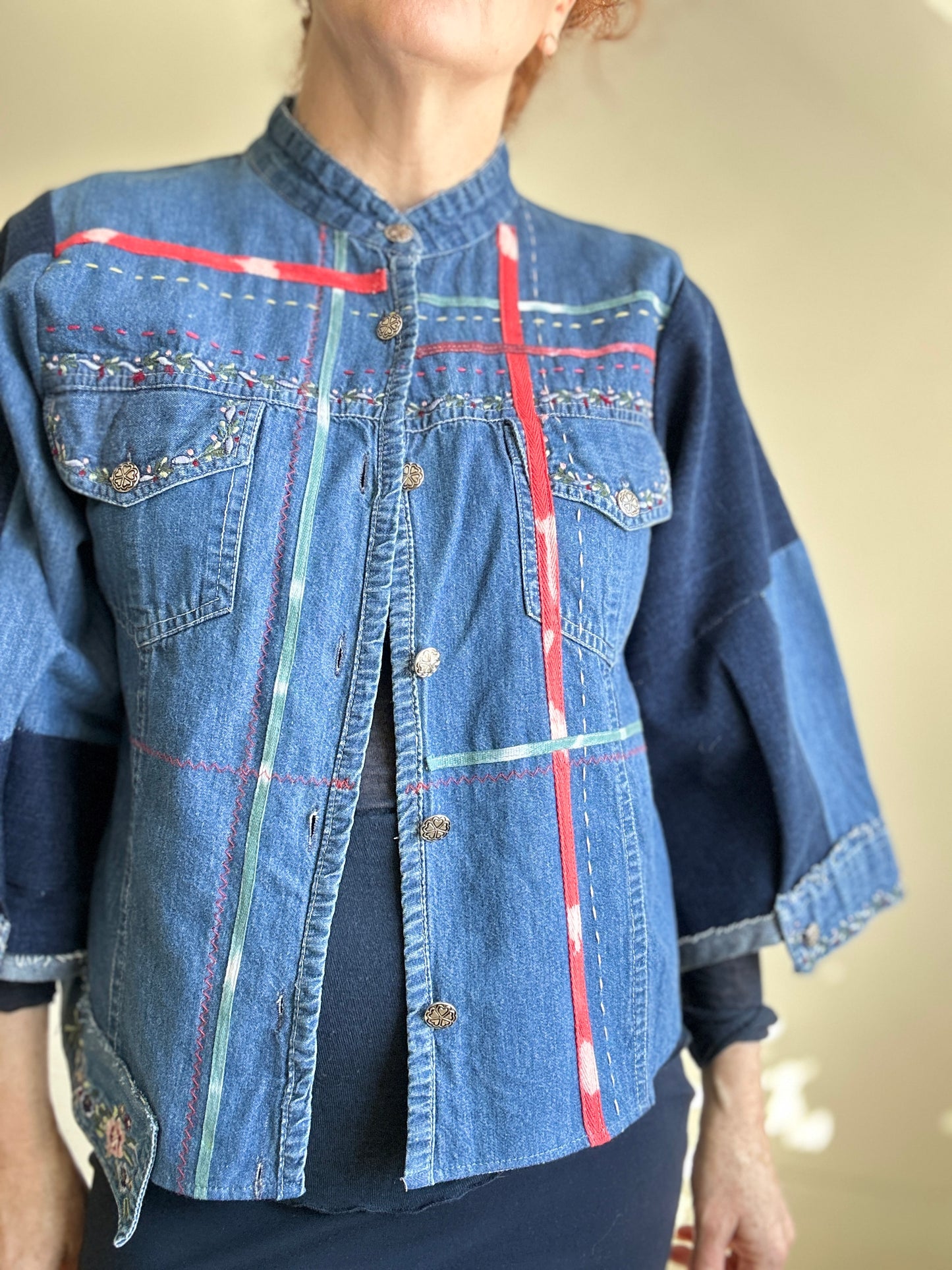 Ellis Reclaimed Patchwork Denim Shirt with Handstitching & Hand Dyed Twill Ribbon S/M #ELL16