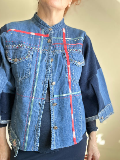 Ellis Reclaimed Patchwork Denim Shirt with Handstitching & Hand Dyed Twill Ribbon S/M #ELL16