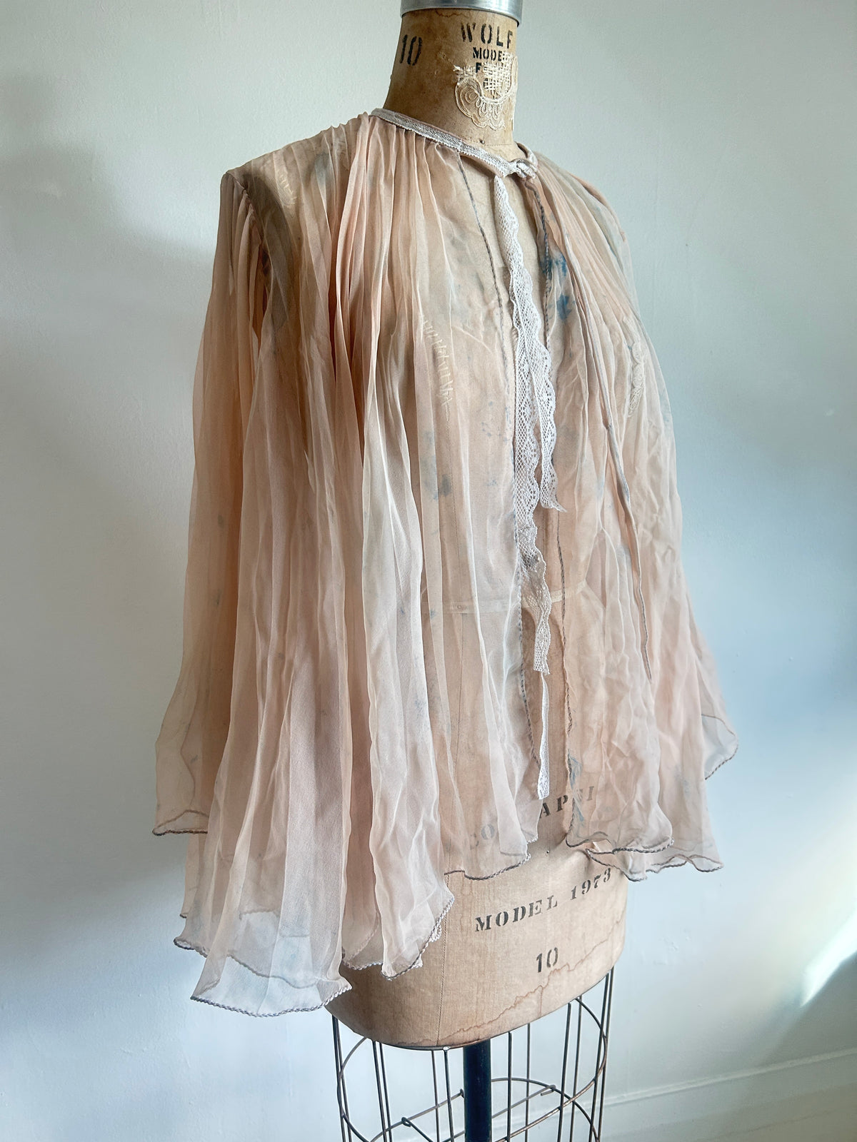 Ethereal Vintage Peachy Beige Sheer Hand dyed Pleated Top Size up to L #VIN2