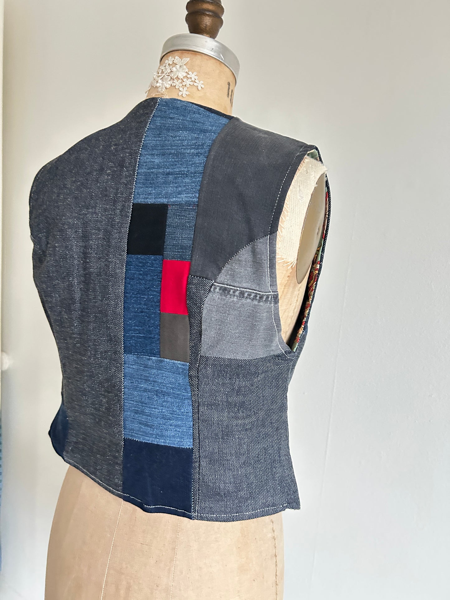 Leni Reclaimed Patchwork Denim Vest with Cotton Lining XS #DVXS12