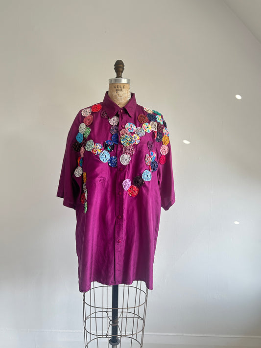 Vintage Silk Blouse with YoYo Quilt Appliqué Size XL #YOYO2
