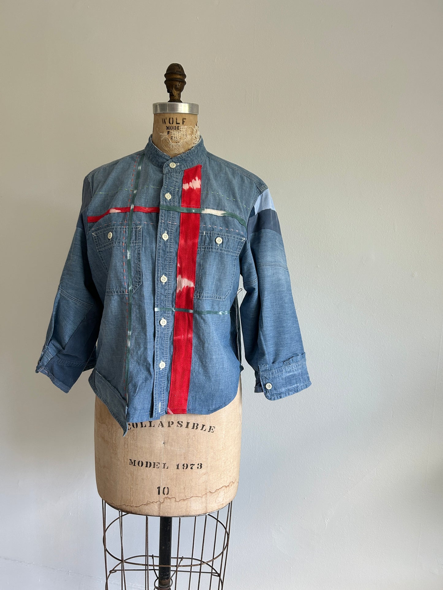 Ellis Reclaimed Patchwork Denim Shirt with Handstitching & Hand Dyed Twill Ribbon M/L #ELL4