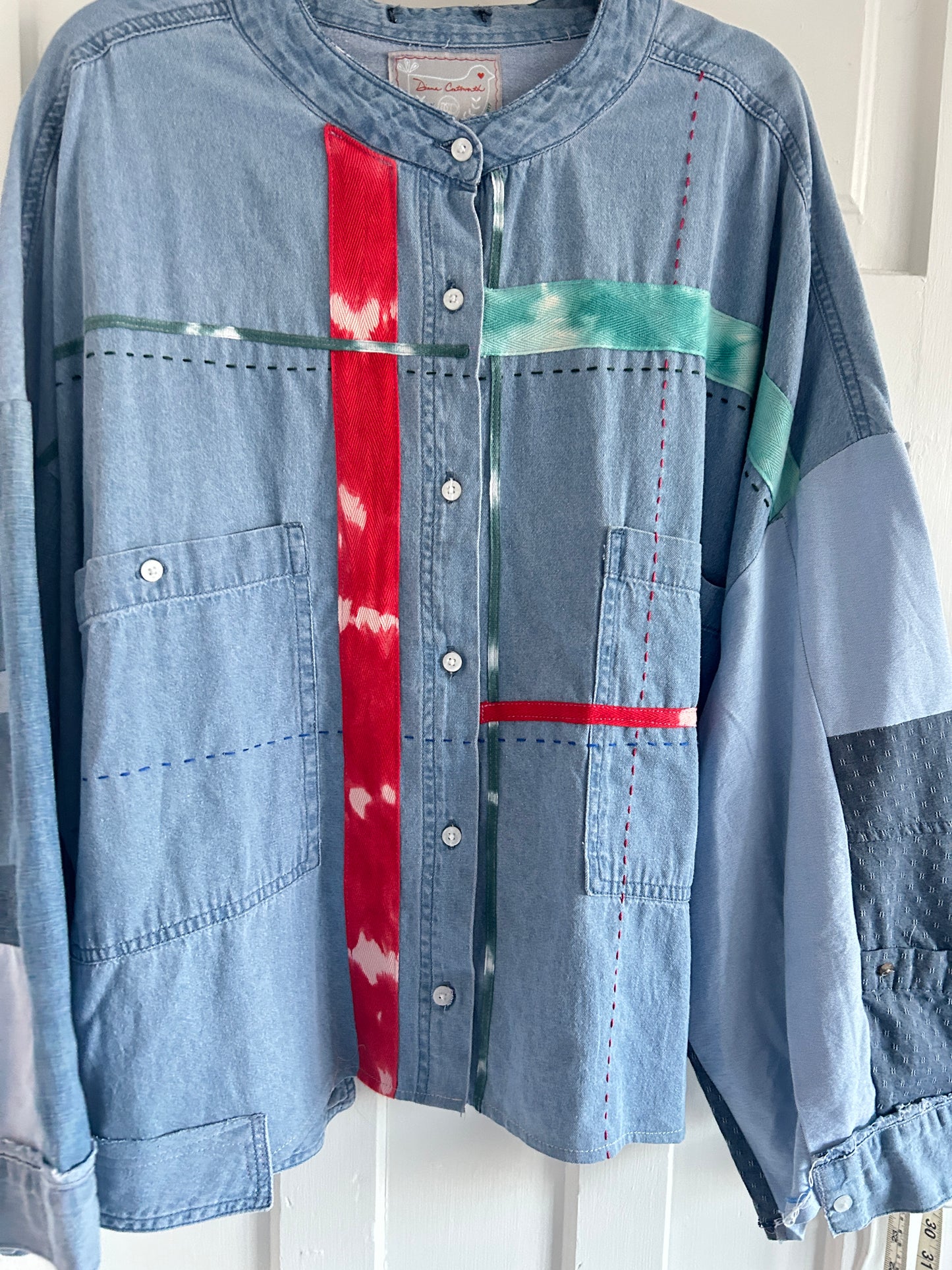 Ellis Reclaimed Patchwork Wrangler Denim Shirt with Handstitching & Hand Dyed Twill Ribbon 3X/4X #ELL11