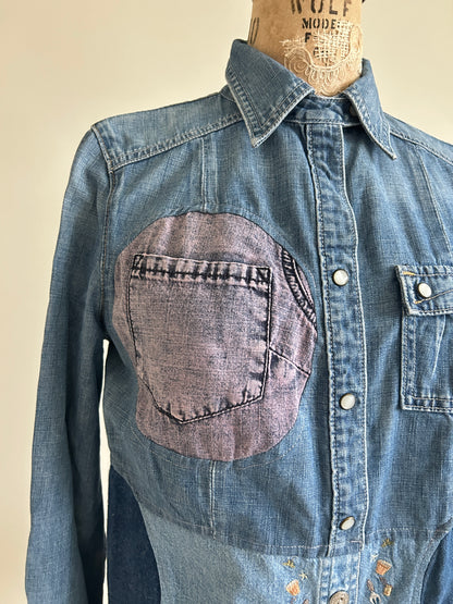 Upcycled Modern Workwear Denim Shirt - Circle Series Size S/M #DBSM5