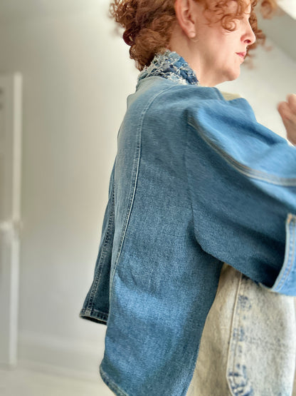 Vivianne Cropped Upcycled Woven Denim Jacket Size XL/2X #CVCDX2X101