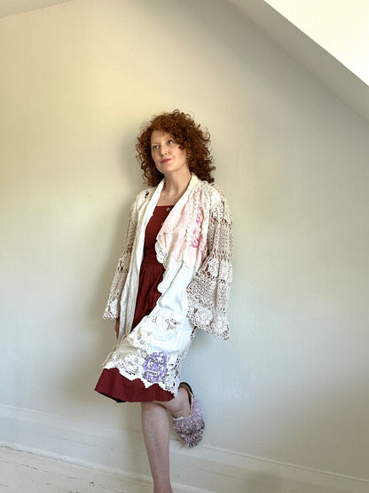 Vivianne Duster with Upcycled Cotton Crochet & Lace Patchwork  Size M/L #VIVCR8