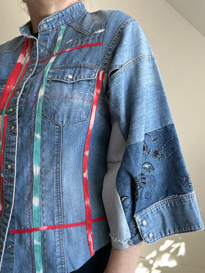 Ellis Reclaimed Patchwork Denim Shirt with Handstitching & Hand Dyed Twill Ribbon S/M #ELL15