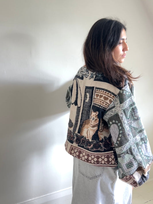 Vivianne Cropped Jacket with Upcycled Cat Themed Throw Blanket Size S/M #VIVT2