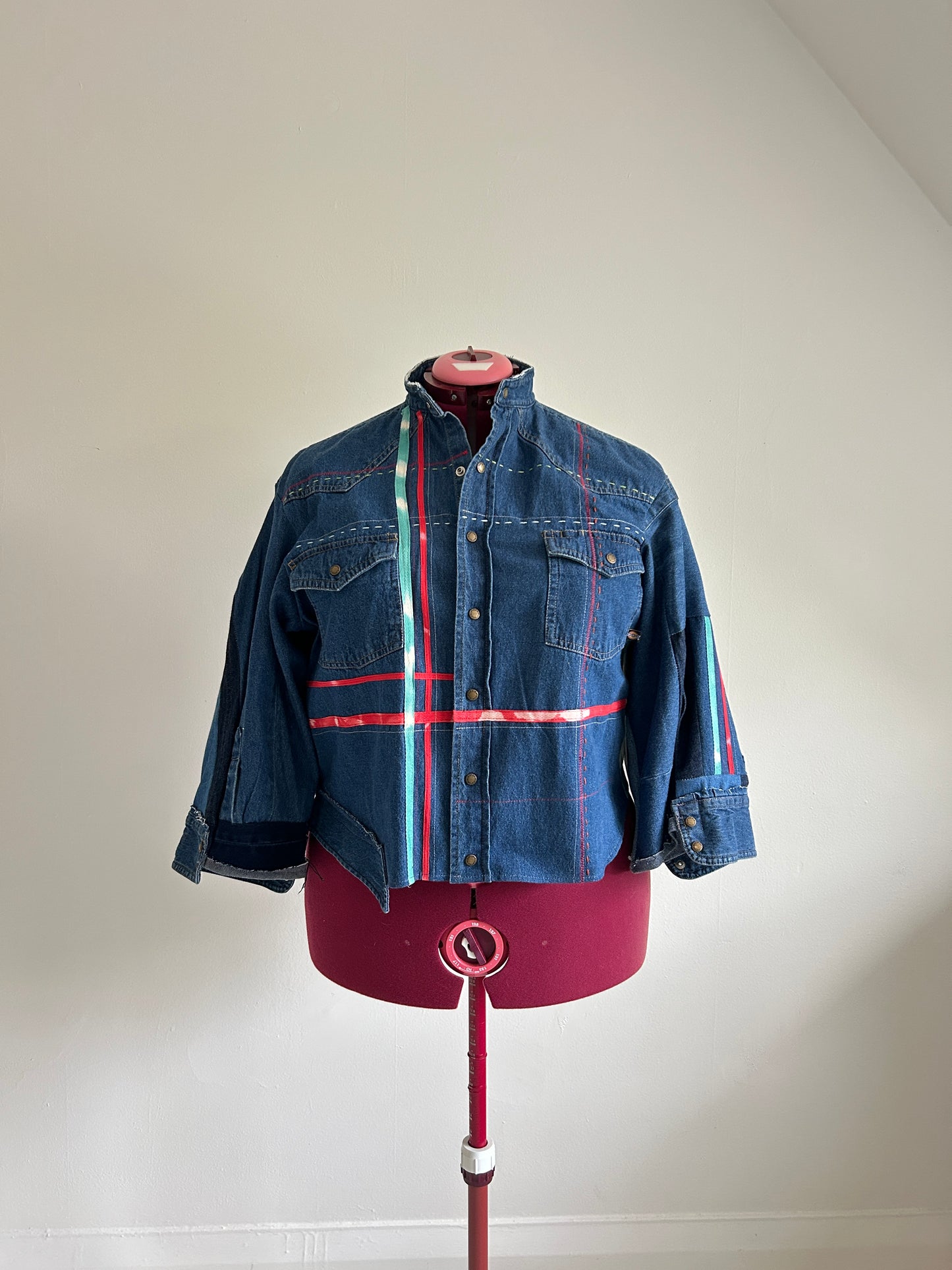 Ellis Reclaimed Patchwork Dickies Denim Shirt with Handstitching & Hand Dyed Twill Ribbon XL/2X #ELL10