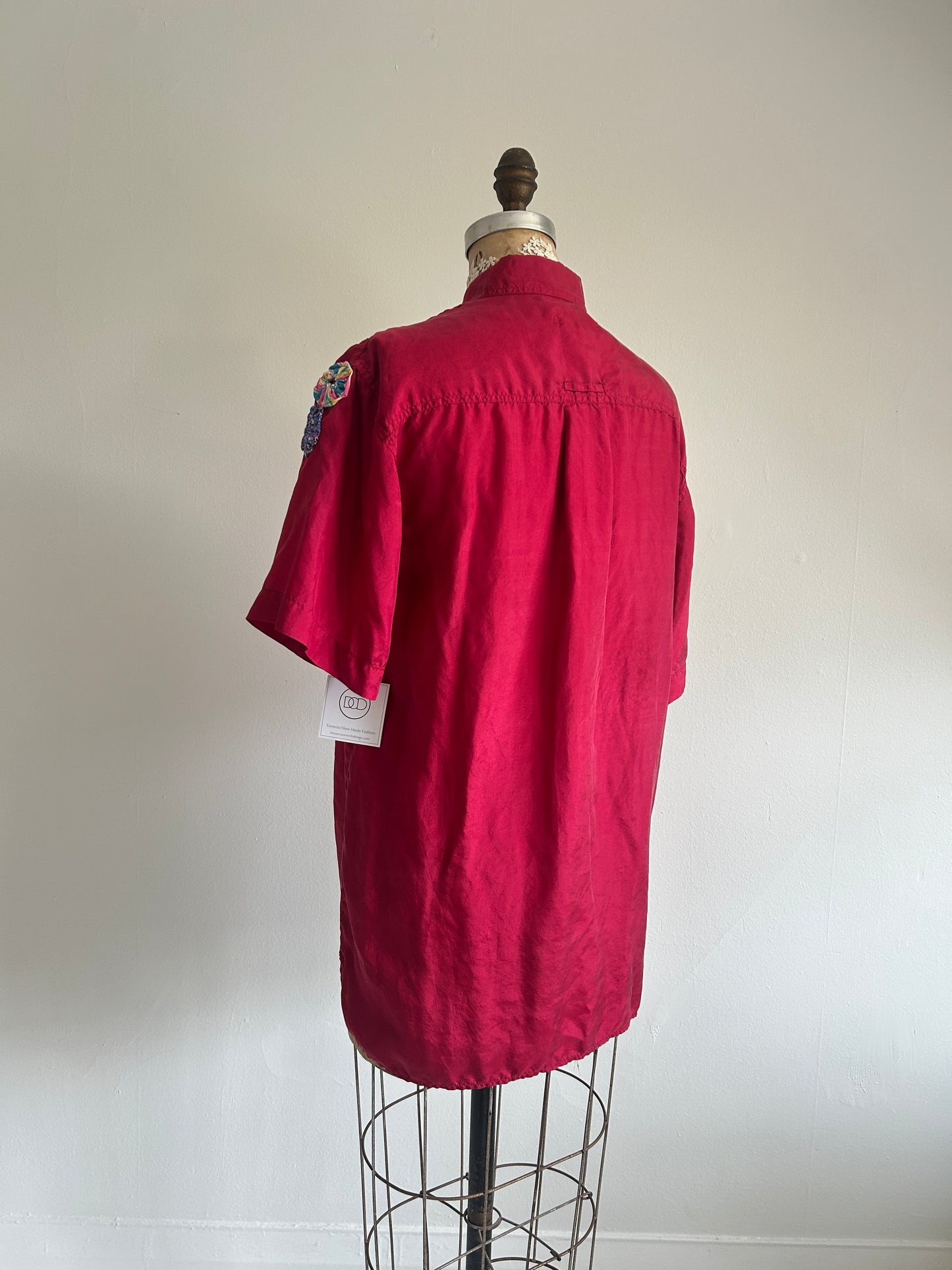 Vintage Silk Blouse with YoYo Quilt Appliqué Size M/L #YOYO3