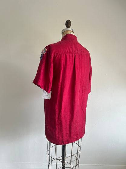 Vintage Silk Blouse with YoYo Quilt Appliqué Size M/L #YOYO3