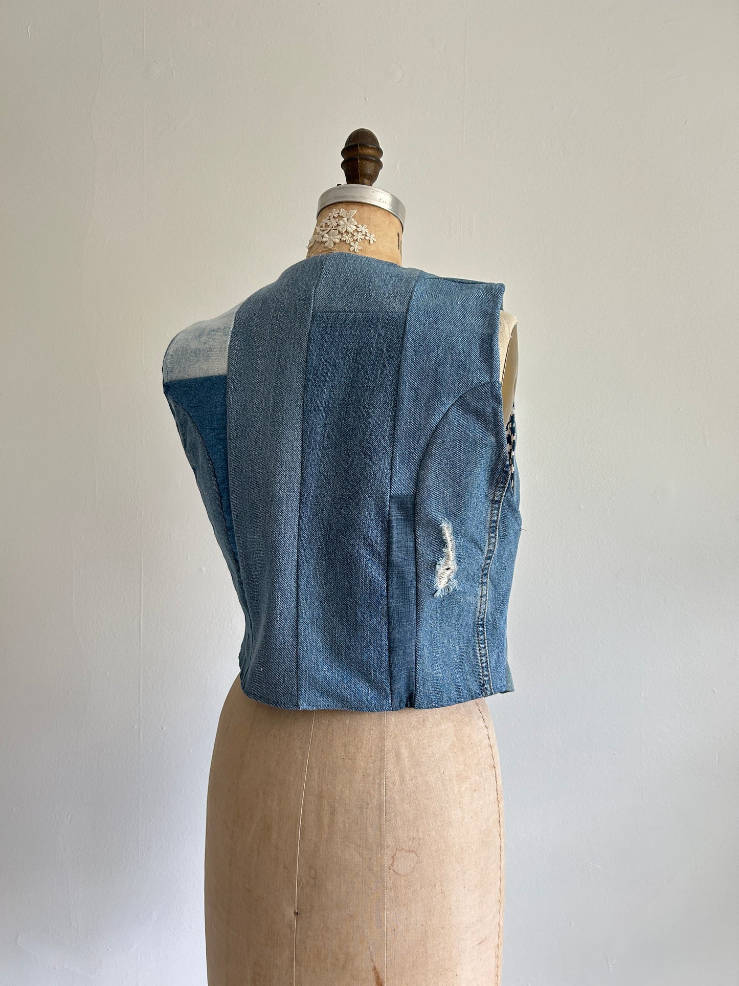 Leni Reclaimed Patchwork Denim Vest with Cotton Lining S/M #LENI3