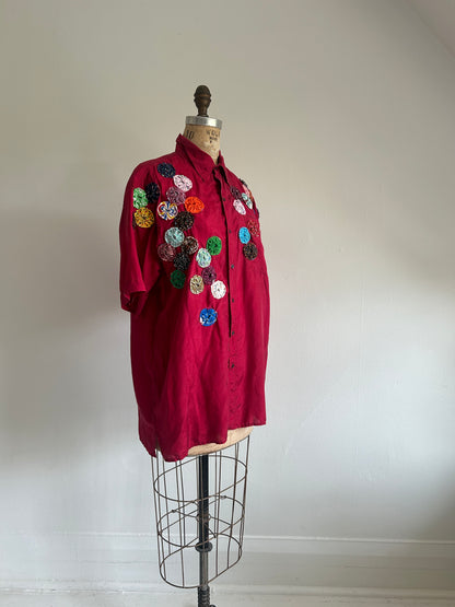 Vintage Silk Blouse with YoYo Quilt Appliqué Size M/L #YOYO3