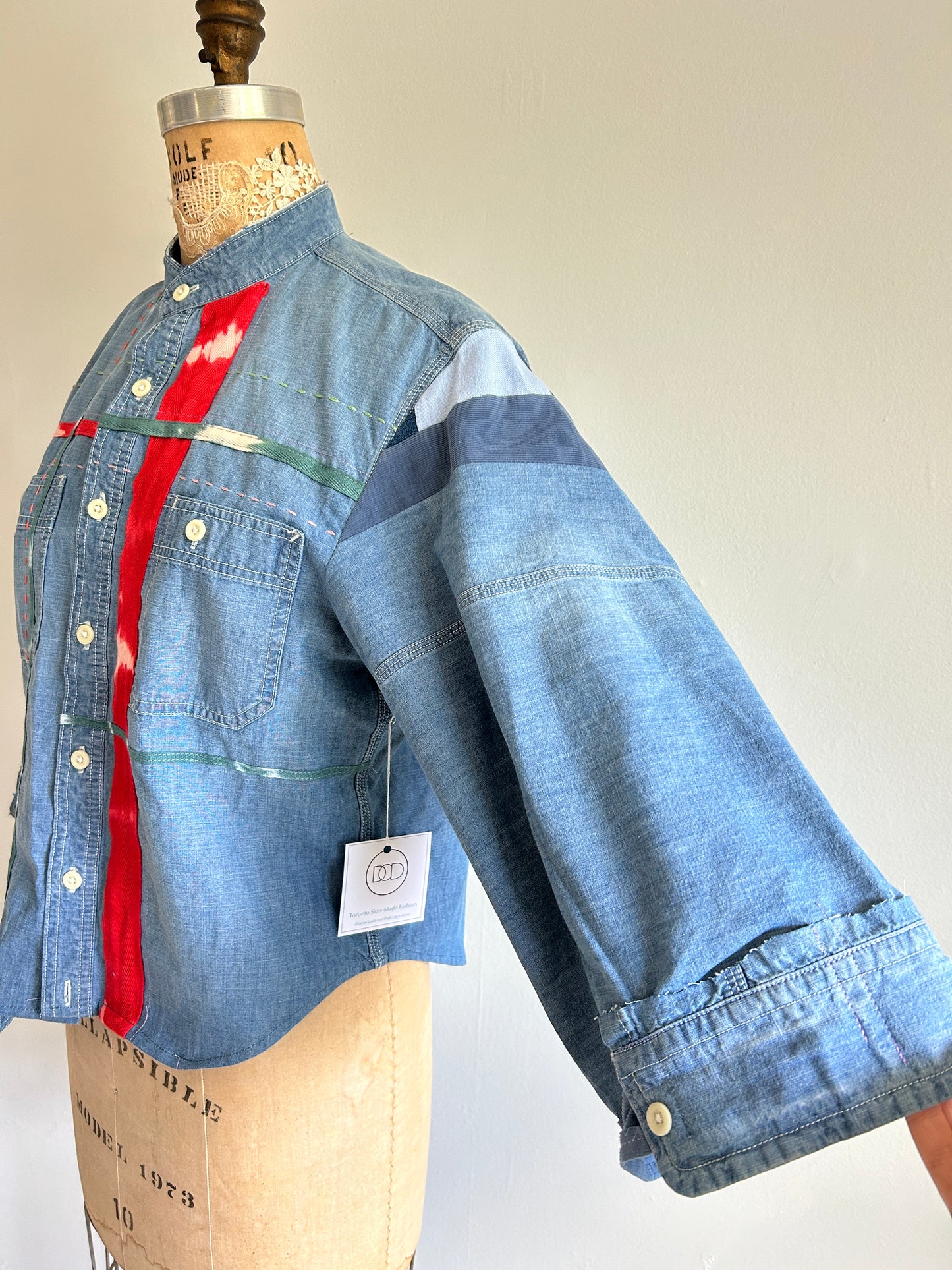 Ellis Reclaimed Patchwork Denim Shirt with Handstitching & Hand Dyed Twill Ribbon M/L #ELL4