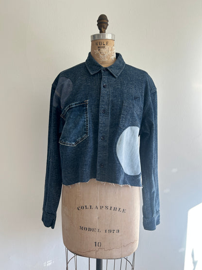 Upcycled Modern Workwear Cropped Denim Shirt - Circle Series Size L/XL #DENLXL2
