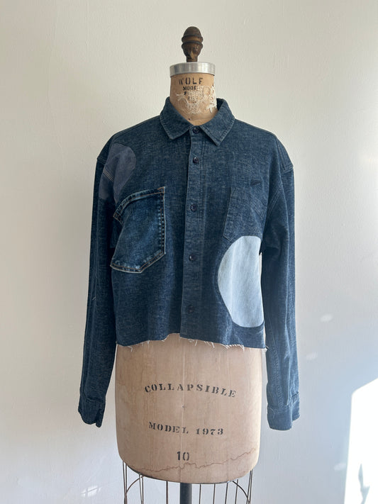 Upcycled Modern Workwear Cropped Denim Shirt - Circle Series Size L/XL #DENLXL2