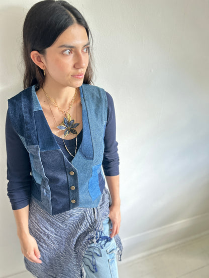 Leni Reclaimed Patchwork Denim Vest with Cotton Lining XS #LENI1
