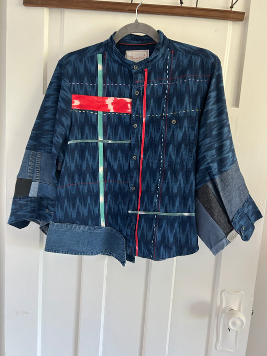 Ellis Reclaimed Patchwork Denim Ikat Shirt with Handstitching & Hand Dyed Twill Ribbon L/XL #ELL7