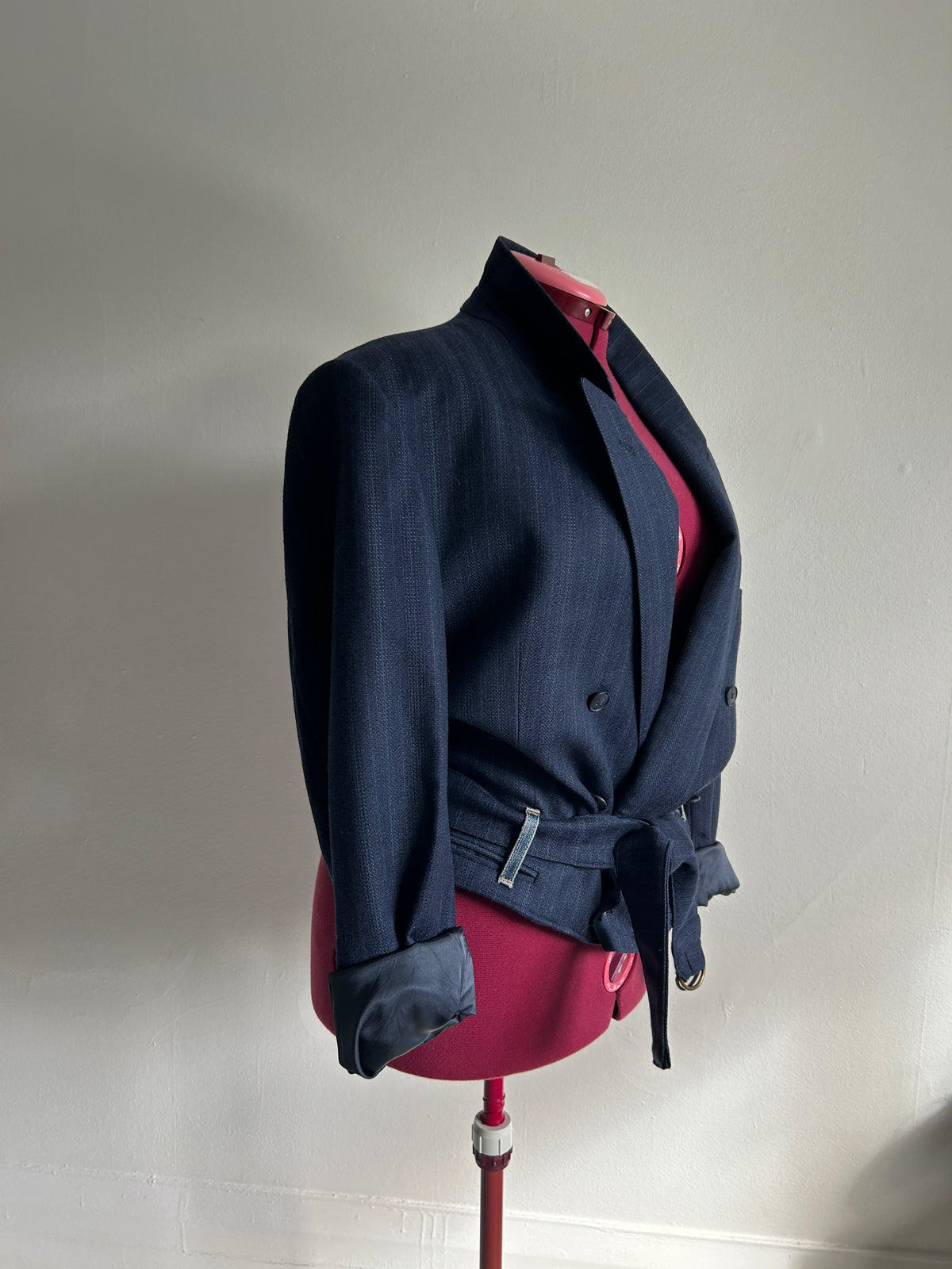 Cropped Upcycled Bellissimo Virgin Wool Blazer with Denim Belt Size 2X/3X #BLAZ23X6