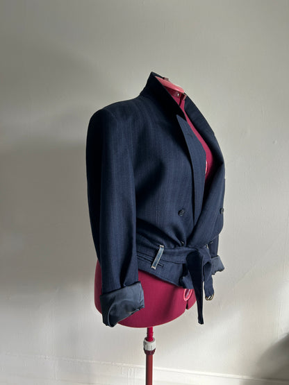 Cropped Upcycled Bellissimo Virgin Wool Blazer with Denim Belt Size 2X/3X #BLAZ23X6