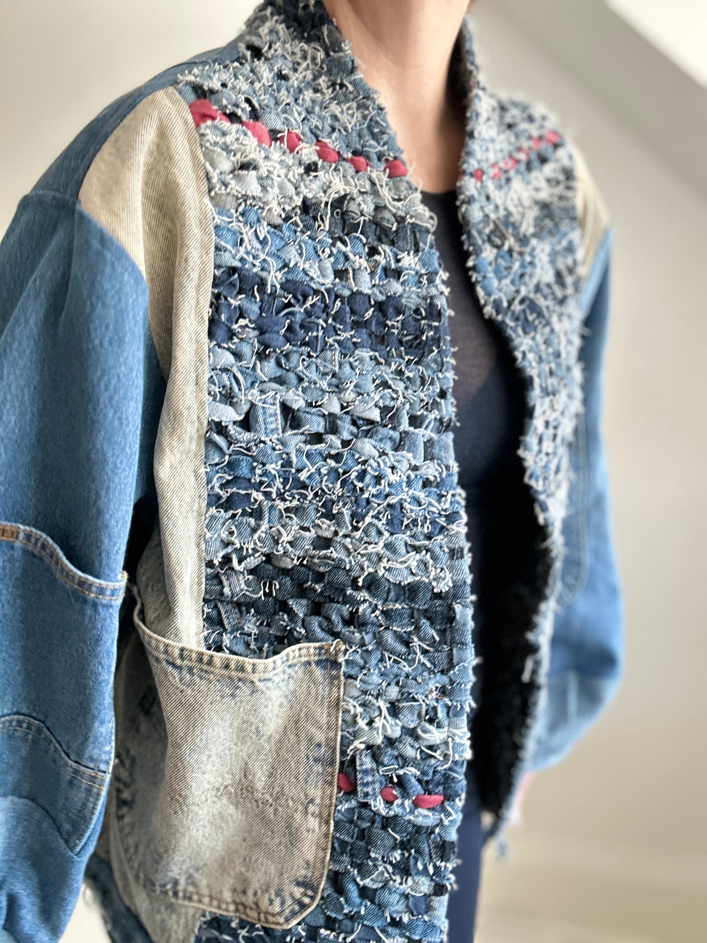 Vivianne Cropped Upcycled Woven Denim Jacket Size XL/2X #CVCDX2X101